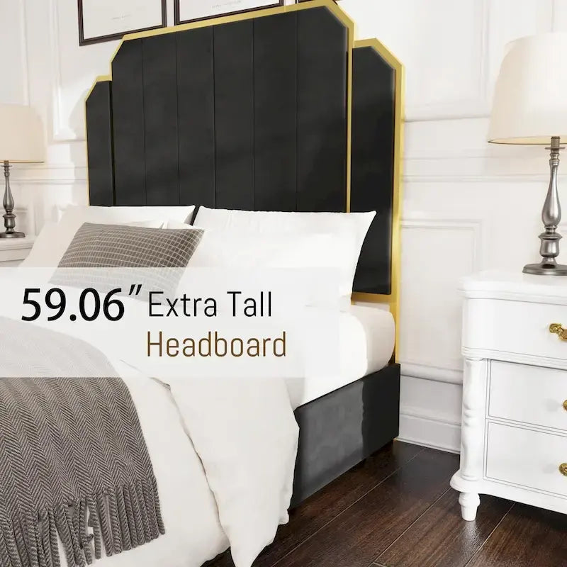 Telaio del letto imbottito Queen Size con testiera da 150 cm e bordo dorato