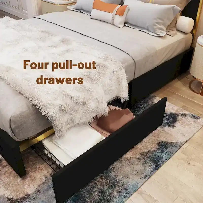 Telaio del letto imbottito Queen Size con testiera da 150 cm e bordo dorato