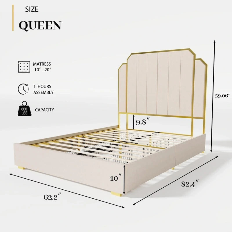 Telaio del letto imbottito Queen Size con testiera da 150 cm e bordo dorato