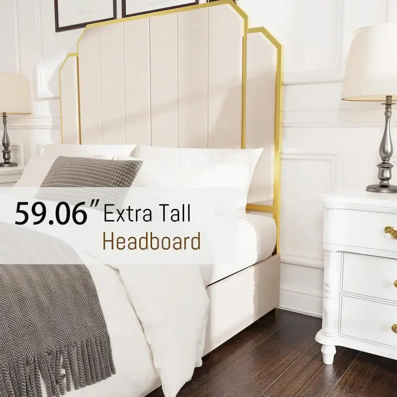 Telaio del letto imbottito Queen Size con testiera da 150 cm e bordo dorato