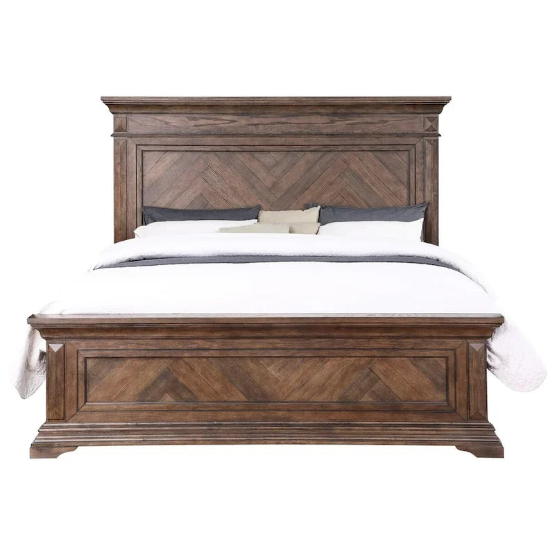 Letto Queen Size con Motivo a Parquet – Stile Tradizionale, Struttura in Legno Massello Marrone Spazzolato