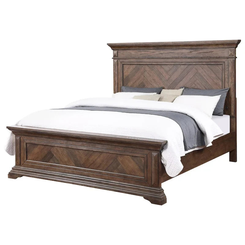 Letto Queen Size con Motivo a Parquet – Stile Tradizionale, Struttura in Legno Massello Marrone Spazzolato