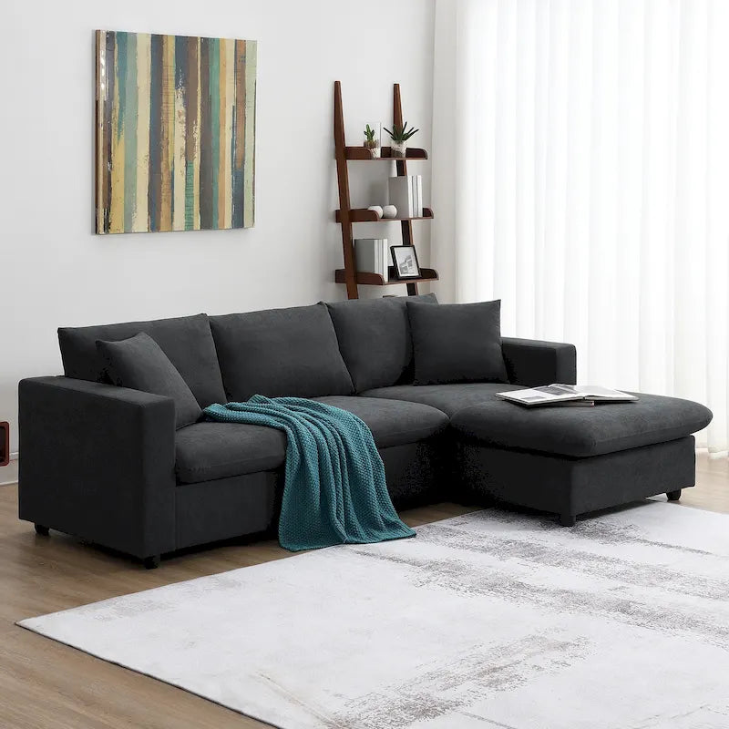 Divano componibile a L moderno a 4 posti, con 2 cuscini omaggio, pouf convertibile
