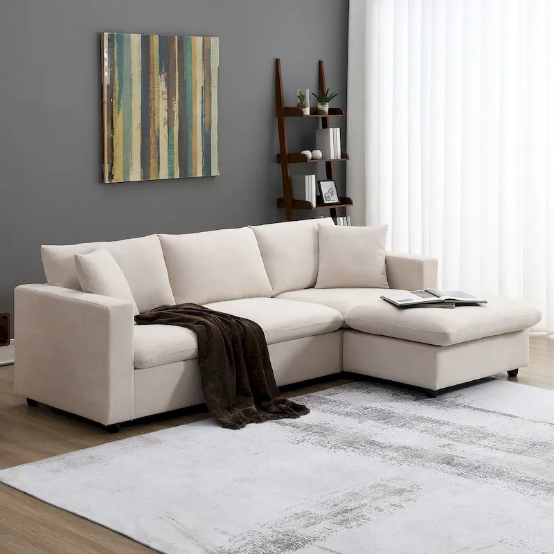 Divano componibile a L moderno a 4 posti, con 2 cuscini omaggio, pouf convertibile