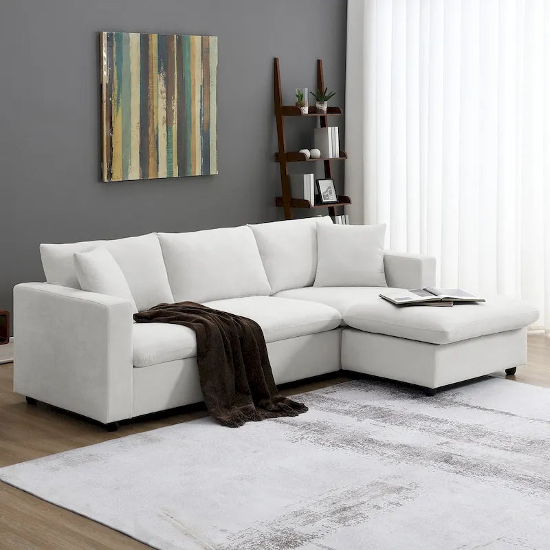 Divano componibile a L moderno a 4 posti, con 2 cuscini omaggio, pouf convertibile