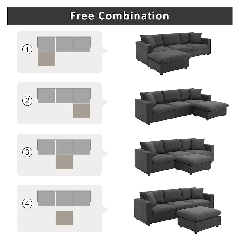 Divano componibile a L moderno a 4 posti, con 2 cuscini omaggio, pouf convertibile