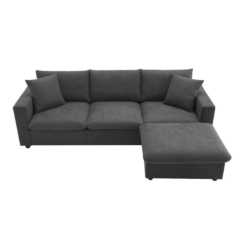 Divano componibile a L moderno a 4 posti, con 2 cuscini omaggio, pouf convertibile