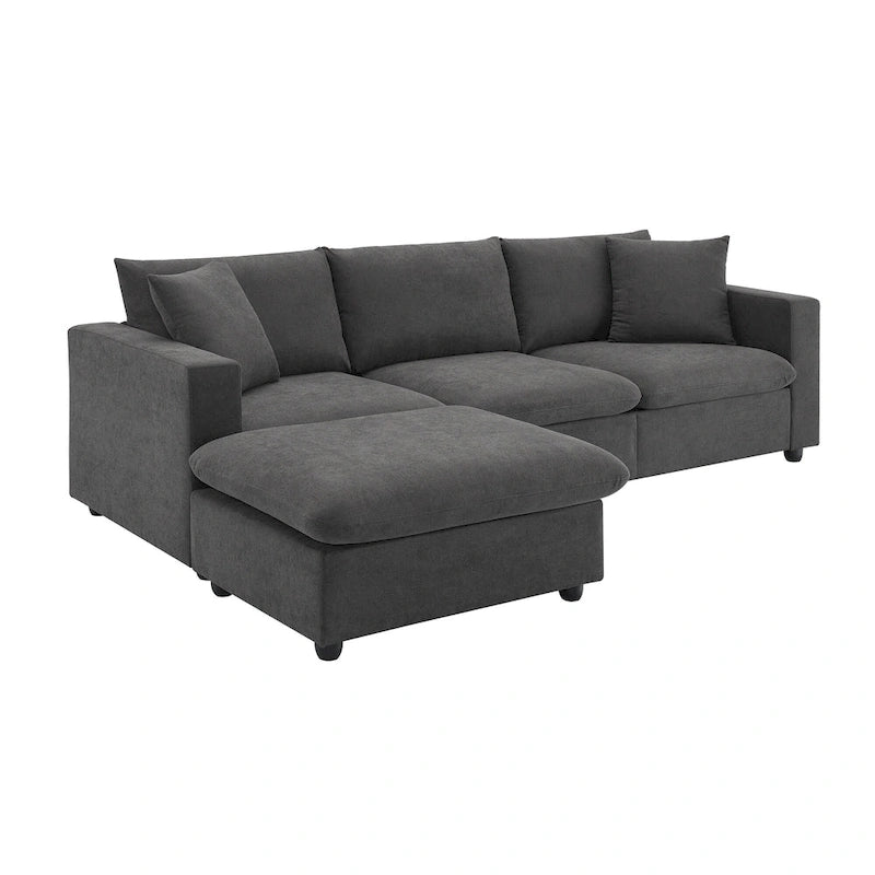 Divano componibile a L moderno a 4 posti, con 2 cuscini omaggio, pouf convertibile