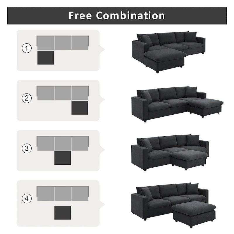 Divano componibile a L moderno a 4 posti, con 2 cuscini omaggio, pouf convertibile