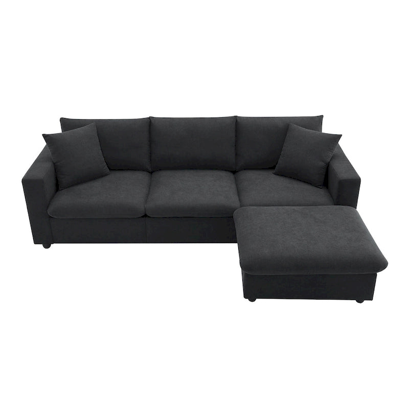 Divano componibile a L moderno a 4 posti, con 2 cuscini omaggio, pouf convertibile