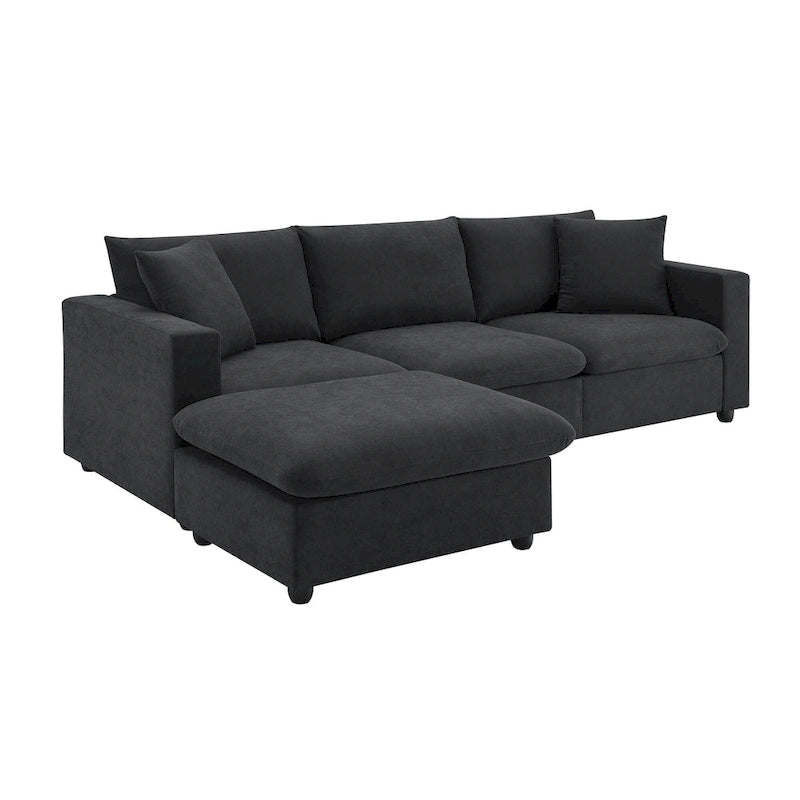 Divano componibile a L moderno a 4 posti, con 2 cuscini omaggio, pouf convertibile