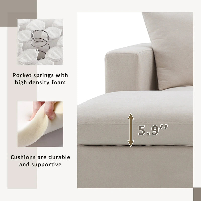 Divano componibile a L moderno a 4 posti, con 2 cuscini omaggio, pouf convertibile