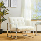 Poltrona accent tufted in pelle PU effetto Mid-Century color crema – Poltrona imbottita con braccioli, altezza 30,5 pollici