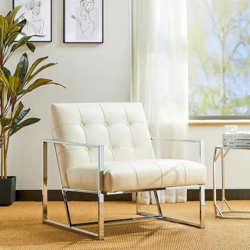 Poltrona accent tufted in pelle PU effetto Mid-Century color crema – Poltrona imbottita con braccioli, altezza 30,5 pollici