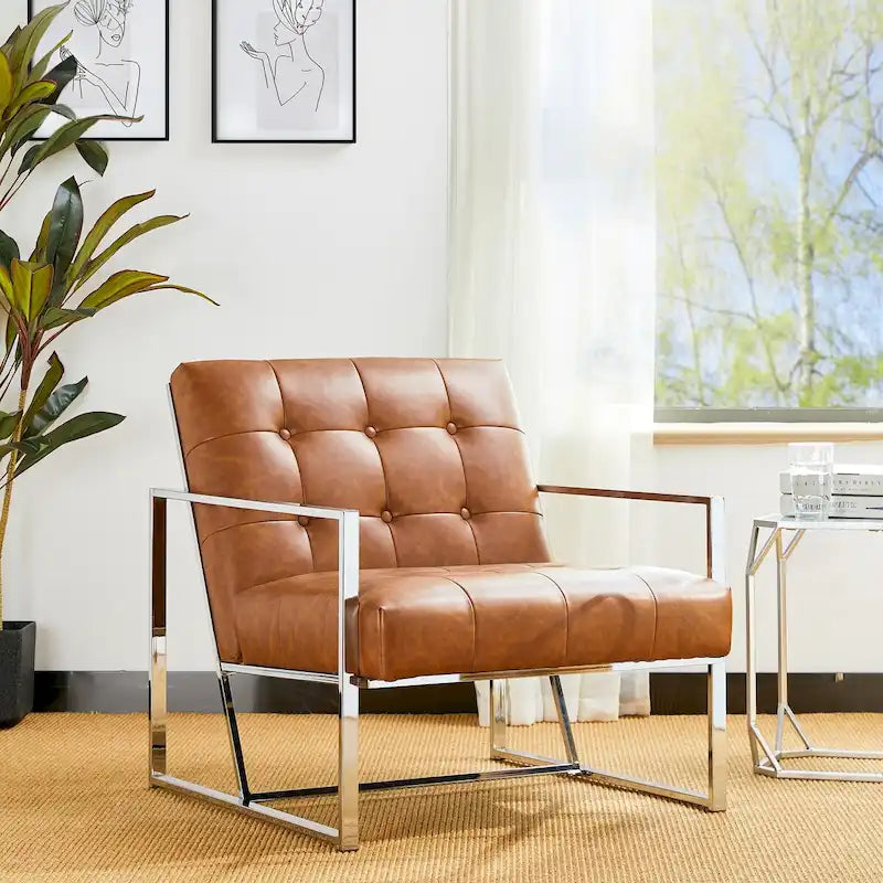 Poltrona accent tufted in pelle PU effetto Mid-Century color crema – Poltrona imbottita con braccioli, altezza 30,5 pollici