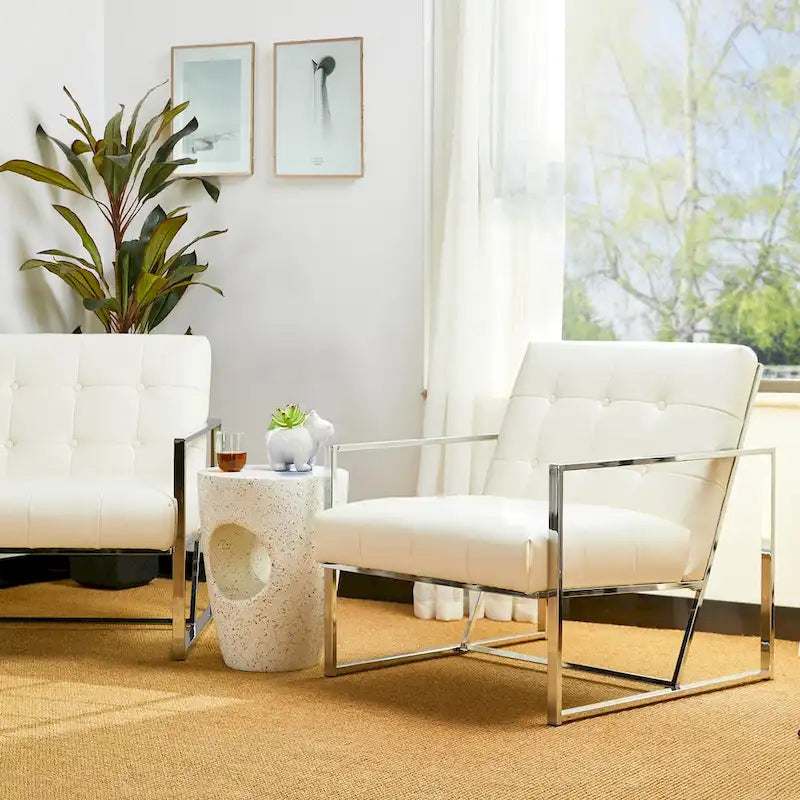 Poltrona accent tufted in pelle PU effetto Mid-Century color crema – Poltrona imbottita con braccioli, altezza 30,5 pollici