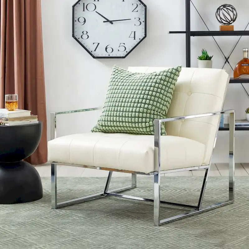 Poltrona accent tufted in pelle PU effetto Mid-Century color crema – Poltrona imbottita con braccioli, altezza 30,5 pollici
