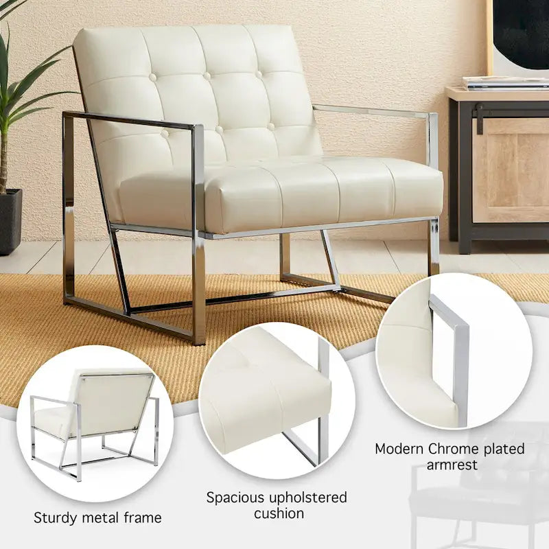 Poltrona accent tufted in pelle PU effetto Mid-Century color crema – Poltrona imbottita con braccioli, altezza 30,5 pollici