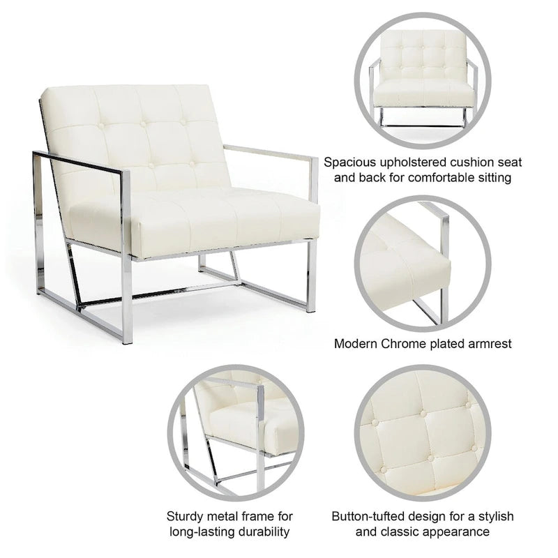 Poltrona accent tufted in pelle PU effetto Mid-Century color crema – Poltrona imbottita con braccioli, altezza 30,5 pollici