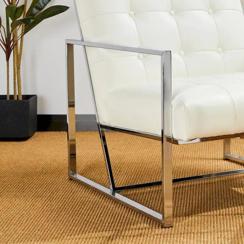 Poltrona accent tufted in pelle PU effetto Mid-Century color crema – Poltrona imbottita con braccioli, altezza 30,5 pollici