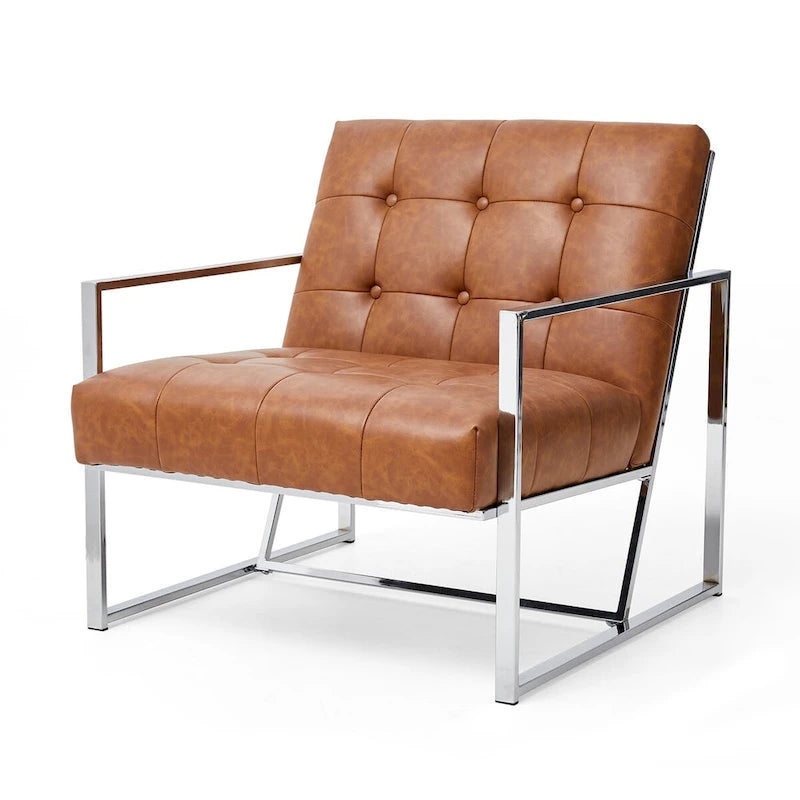 Poltrona accent tufted in pelle PU effetto Mid-Century color crema – Poltrona imbottita con braccioli, altezza 30,5 pollici