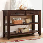 Tavolo da Divano Console con 2 Cassetti e 2 Ripiani, Credenza Madia Laterale in Legno Massello Stile Mid-Century 42