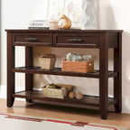 Tavolo da Divano Console con 2 Cassetti e 2 Ripiani, Credenza Madia Laterale in Legno Massello Stile Mid-Century 42