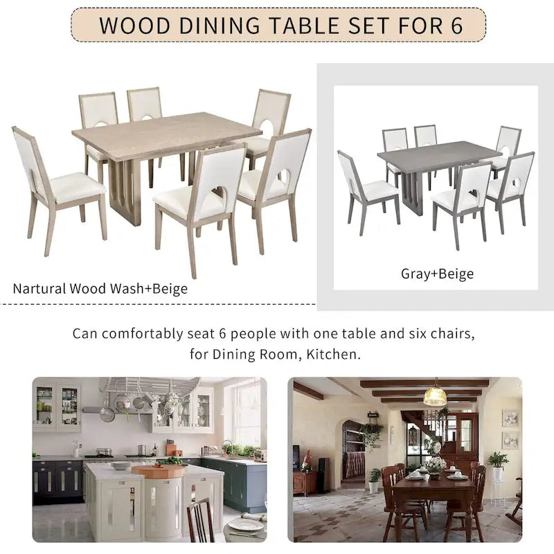 Set tavolo da pranzo per 6 persone, tavolo da pranzo rettangolare in stile rustico e 6 sedie imbottite, ideale per la sala da pranzo