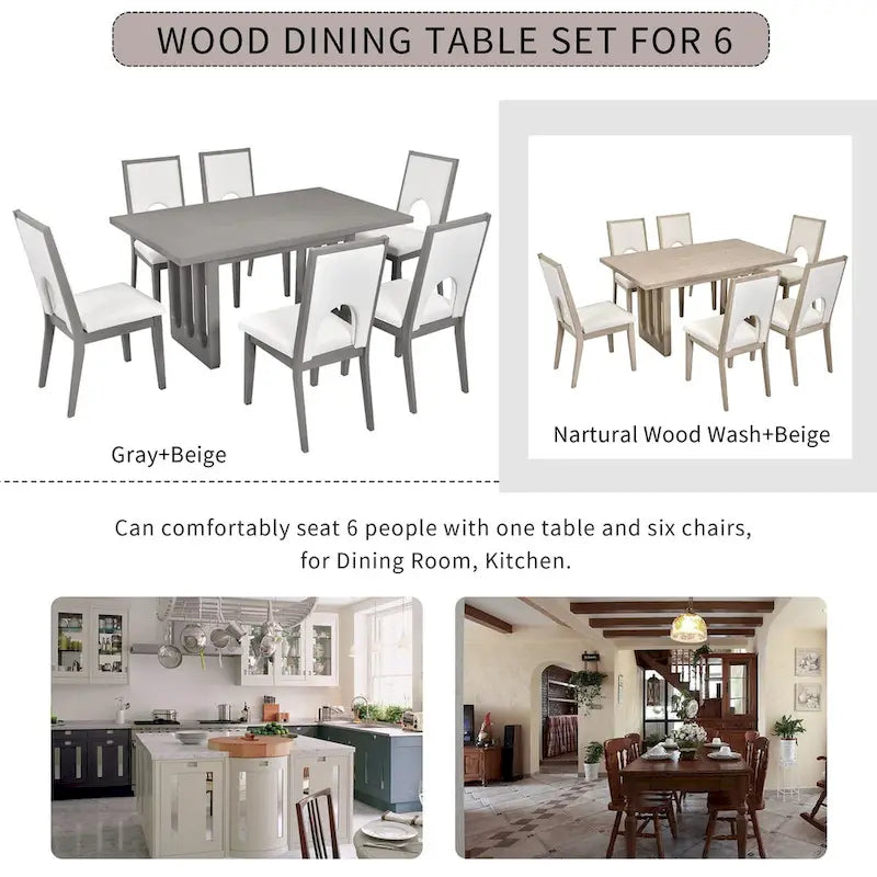 Set tavolo da pranzo per 6 persone, tavolo da pranzo rettangolare in stile rustico e 6 sedie imbottite, ideale per la sala da pranzo