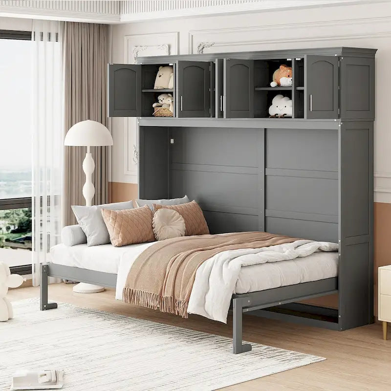 Letto a scomparsa matrimoniale a muro con armadietti superiori – Letto pieghevole salvaspazio, stile moderno
