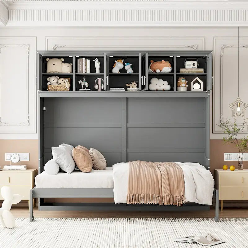 Letto a scomparsa matrimoniale a muro con armadietti superiori – Letto pieghevole salvaspazio, stile moderno