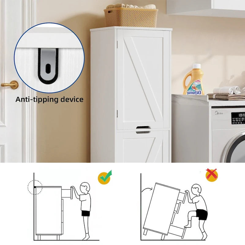 Mobiletto portabiancheria a ribalta da 134 cm – Mobile bagno con ripiani regolabili e cesto