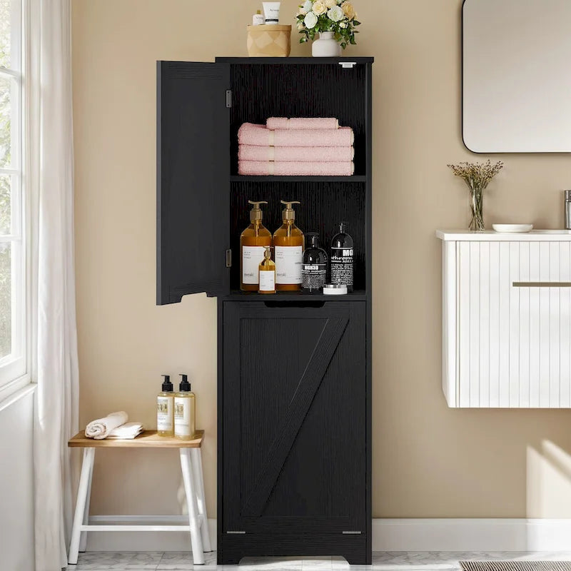Mobiletto portabiancheria a ribalta da 134 cm – Mobile bagno con ripiani regolabili e cesto