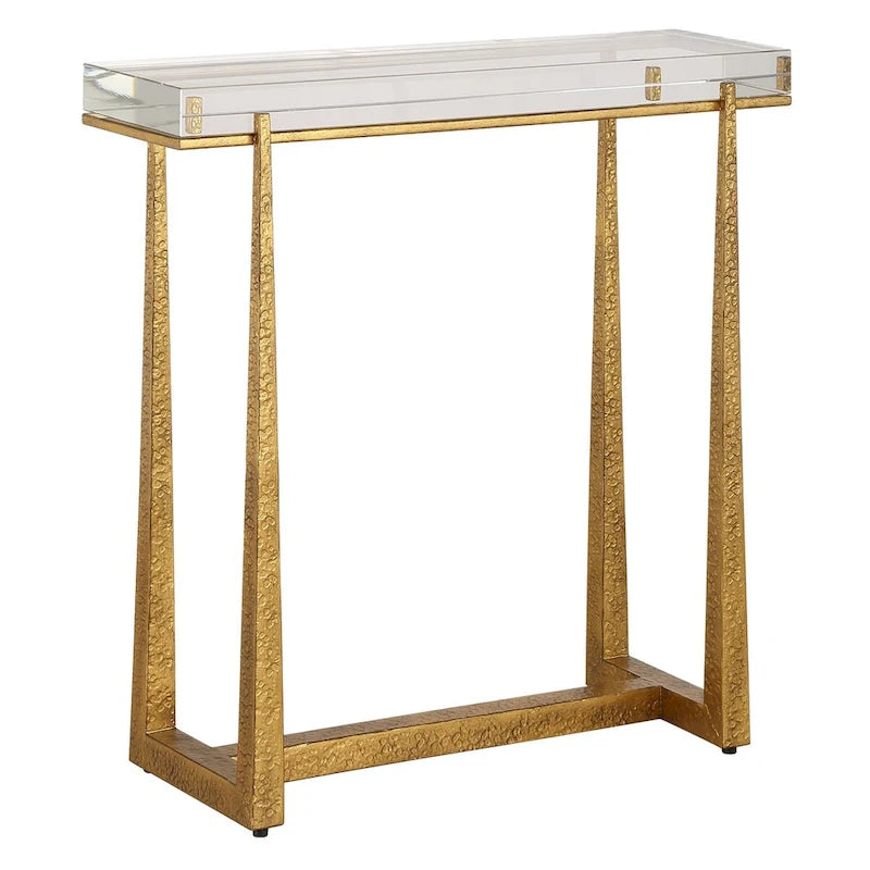 Tavolino d'appoggio con spesso cristallo – Base color oro glam, Lussuoso tavolino laterale da salotto