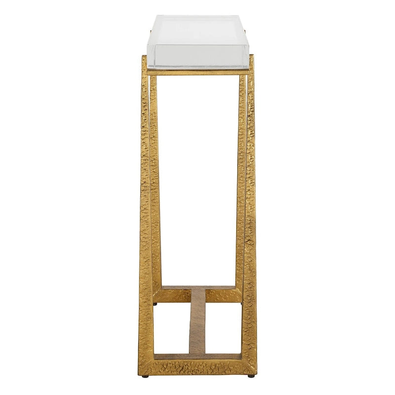 Tavolino d'appoggio con spesso cristallo – Base color oro glam, Lussuoso tavolino laterale da salotto