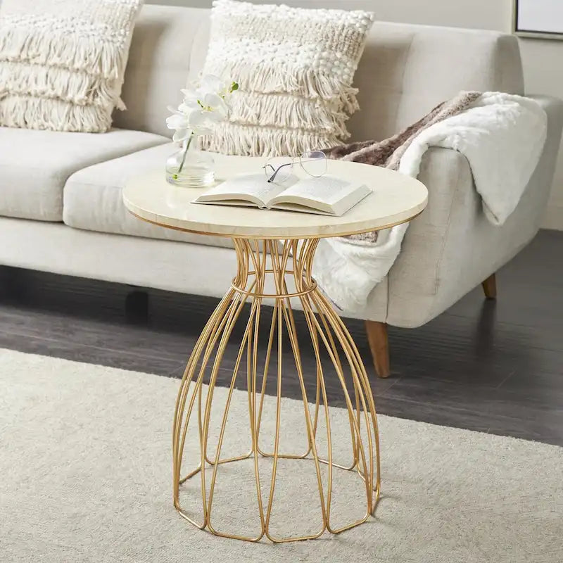 Tavolino da salotto con struttura dorata a forma di fiore e ripiano in marmo crema – Arredamento glamour per soggiorno