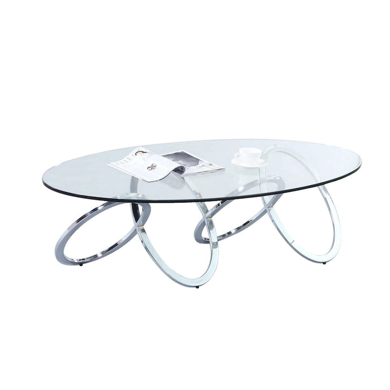 Tavolino da caffè ovale con ripiano in vetro temperato e base cromata – Stile Modern Glam per soggiorno